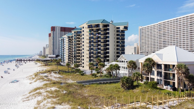 view of building exterior with a water view