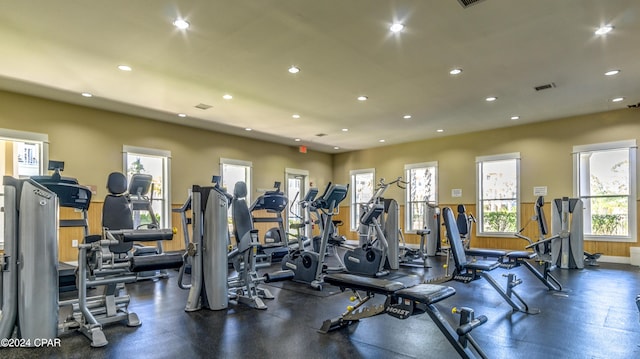 exercise room with wooden walls