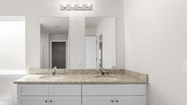 full bathroom featuring a sink, a spacious closet, and double vanity