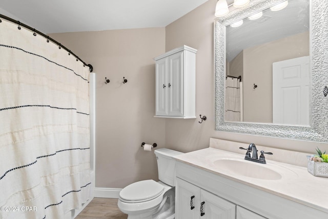 bathroom featuring vanity, toilet, wood-type flooring, and a shower with shower curtain