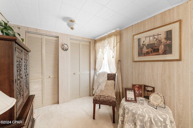 carpeted bedroom featuring wooden walls and ceiling fan