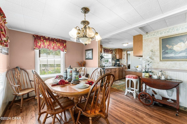 dining space with hardwood / wood-style flooring, beam ceiling, and an inviting chandelier