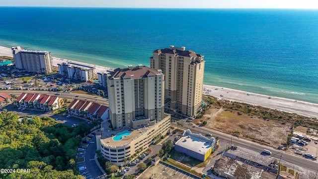 aerial view featuring a beach view and a water view