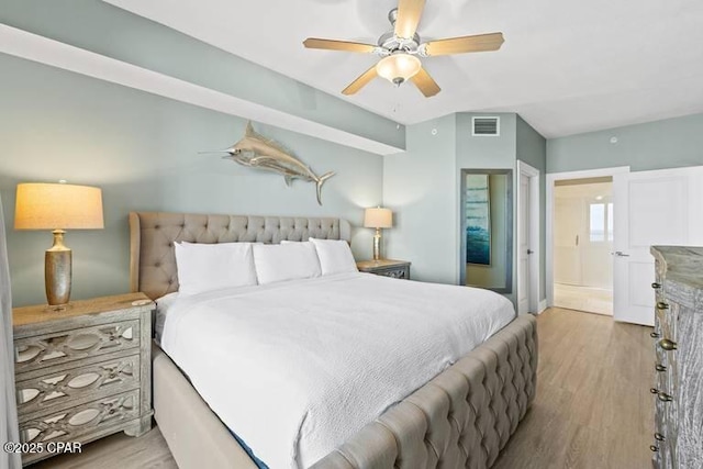 bedroom with ceiling fan and light hardwood / wood-style floors