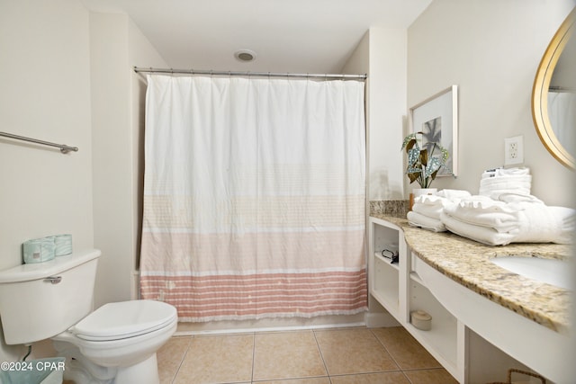 full bathroom with vanity, shower / tub combo with curtain, tile patterned flooring, and toilet