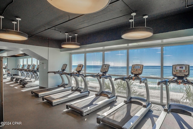 workout area with a water view