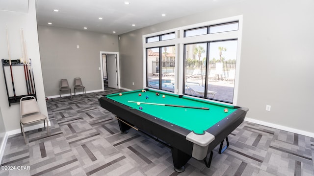 rec room with pool table and carpet flooring