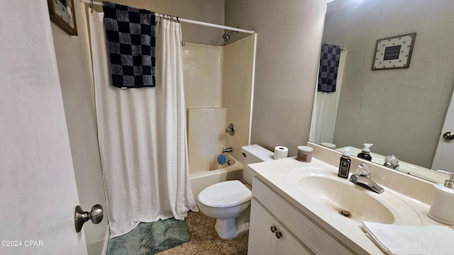 full bathroom featuring vanity, toilet, shower / bath combo with shower curtain, and tile patterned flooring