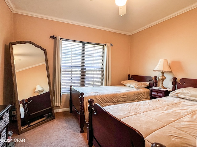 carpeted bedroom featuring ceiling fan and crown molding