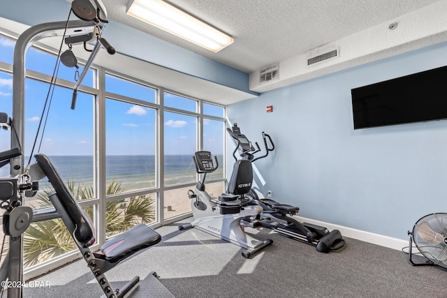 exercise room with expansive windows and a textured ceiling