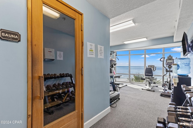 exercise room with a textured ceiling and carpet flooring