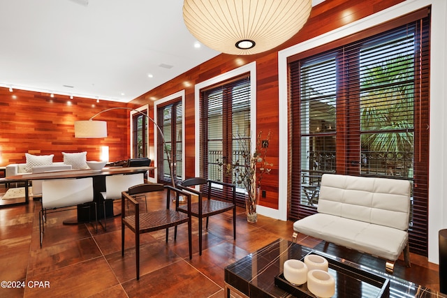 living area with wood walls