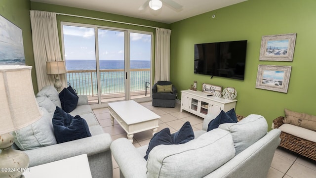 15817 Front Beach Rd Unit 1-906, Panama City Beach, FL 32413 - living room with light tile patterned floors and ceiling fan
