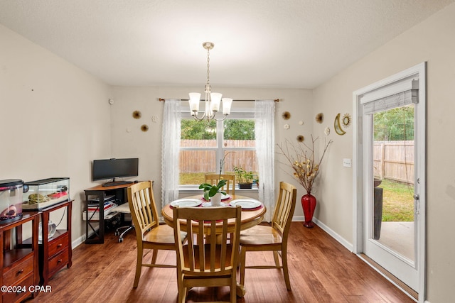 dining room with a chandelier, plenty of natural light, and hardwood / wood-style floors