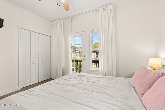 bedroom featuring a closet, access to outside, and ceiling fan