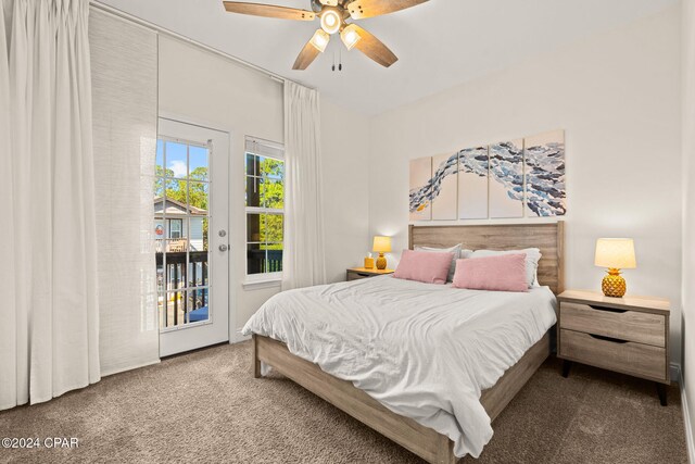 carpeted bedroom with access to exterior and ceiling fan