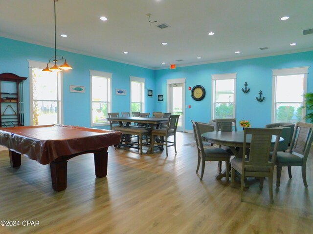 rec room featuring ornamental molding, light hardwood / wood-style floors, a healthy amount of sunlight, and billiards