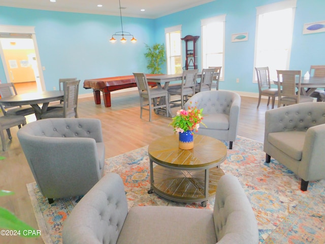 living room featuring light hardwood / wood-style flooring and pool table