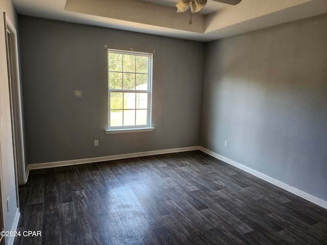 spare room featuring a raised ceiling, ceiling fan, and dark wood-type flooring