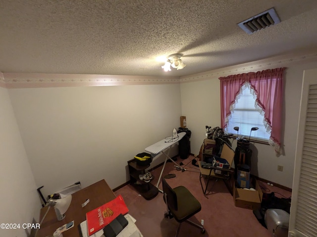 exercise room with carpet and a textured ceiling