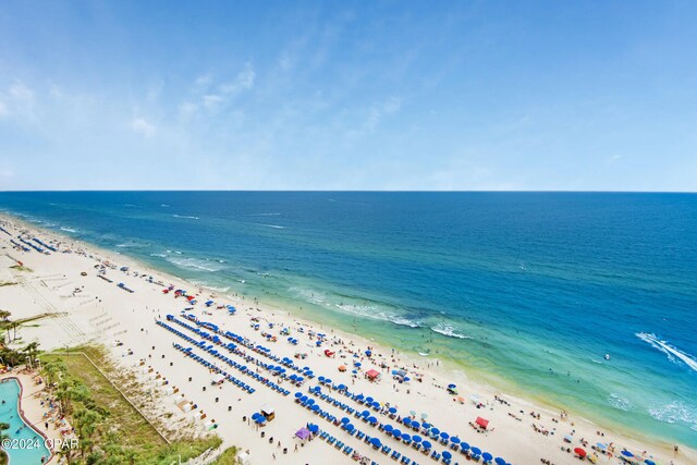 aerial view with a view of the beach and a water view