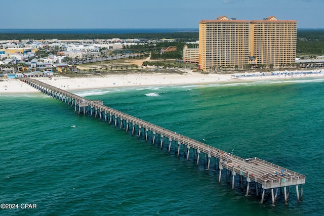 bird's eye view with a view of the beach and a water view