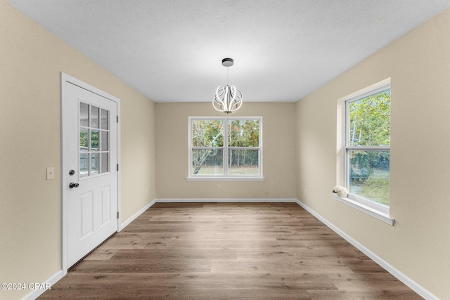 unfurnished dining area featuring a chandelier, plenty of natural light, wood-type flooring, and a textured ceiling