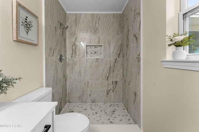 bathroom with a tile shower, vanity, and toilet