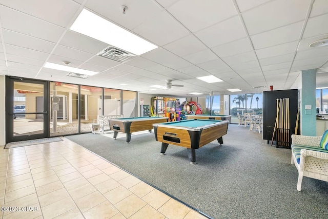 playroom featuring carpet floors, floor to ceiling windows, visible vents, a drop ceiling, and billiards