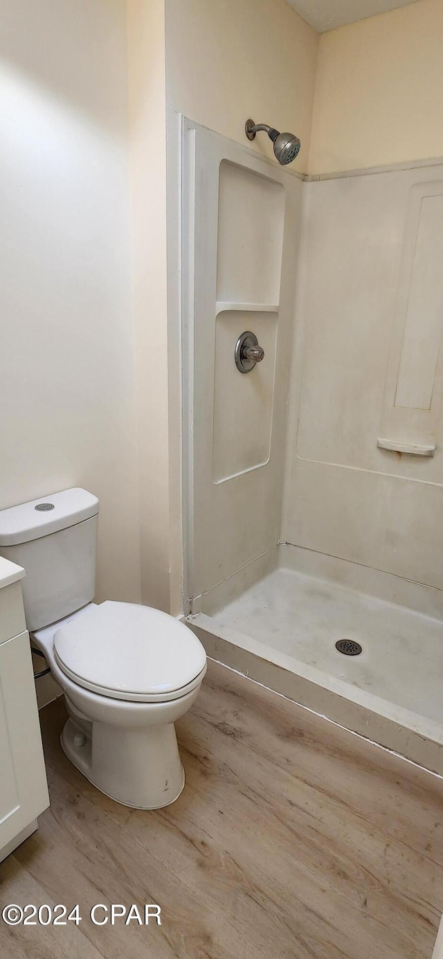 bathroom with vanity, walk in shower, toilet, and wood-type flooring