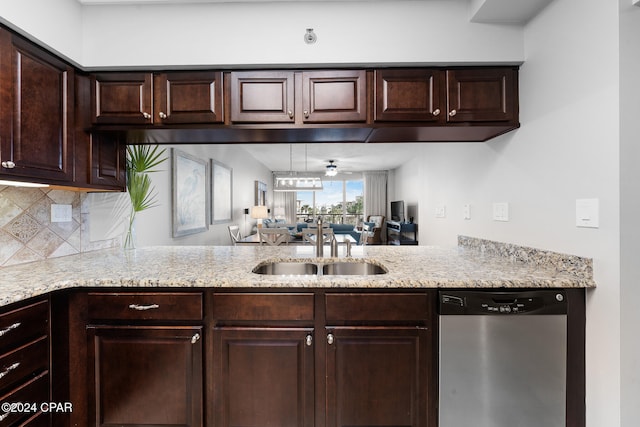 kitchen featuring dishwasher, sink, ceiling fan, backsplash, and dark brown cabinets