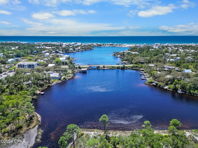 drone / aerial view featuring a water view