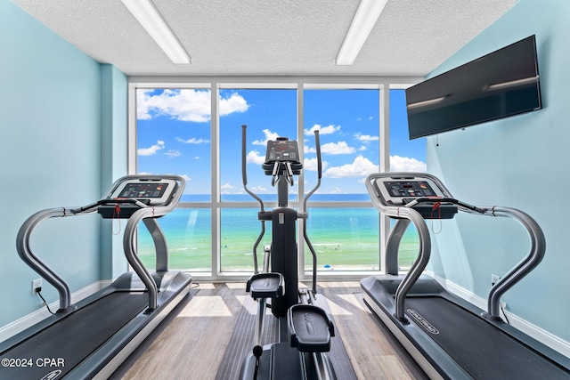 exercise room featuring wood-type flooring, a textured ceiling, and expansive windows