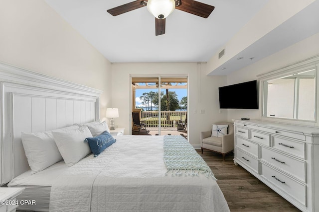 bedroom with access to exterior, dark hardwood / wood-style floors, and ceiling fan