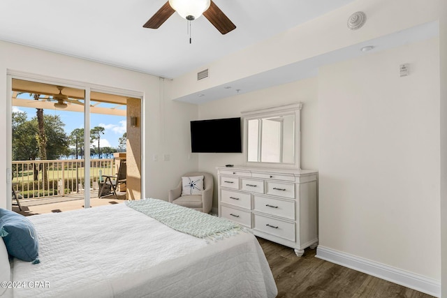 bedroom with access to outside, dark wood-type flooring, a ceiling fan, visible vents, and baseboards