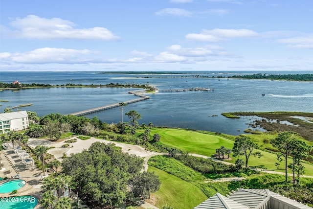 drone / aerial view with a water view