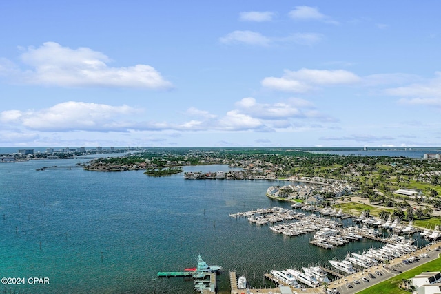 birds eye view of property featuring a water view