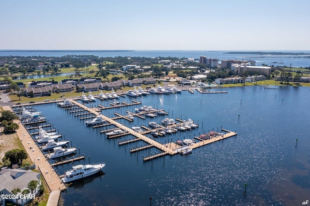 birds eye view of property featuring a water view