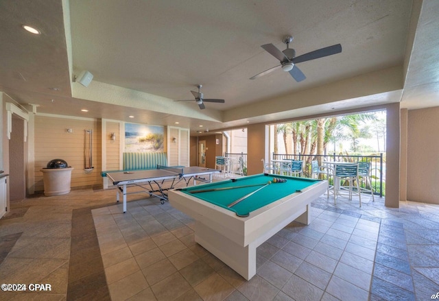 recreation room featuring a ceiling fan, billiards, and recessed lighting