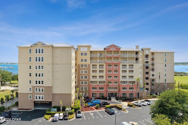 view of building exterior featuring a water view