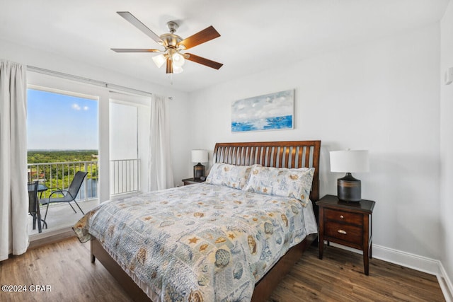 bedroom featuring dark hardwood / wood-style floors, access to outside, and ceiling fan