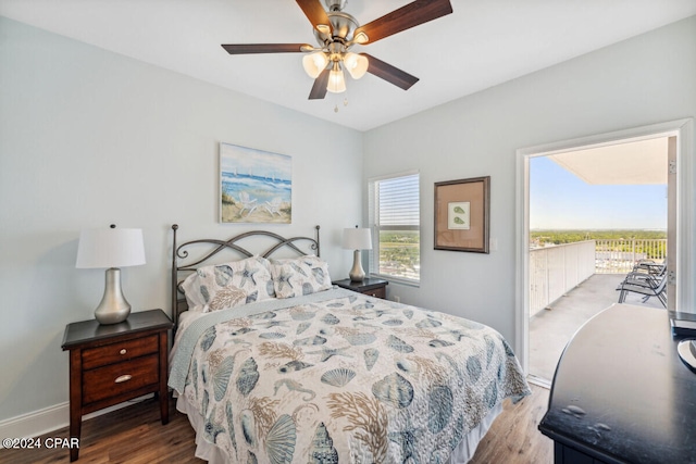 bedroom with access to exterior, ceiling fan, and light wood-type flooring