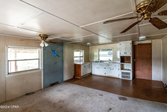 kitchen featuring hardwood / wood-style floors, ceiling fan, white cabinetry, and sink