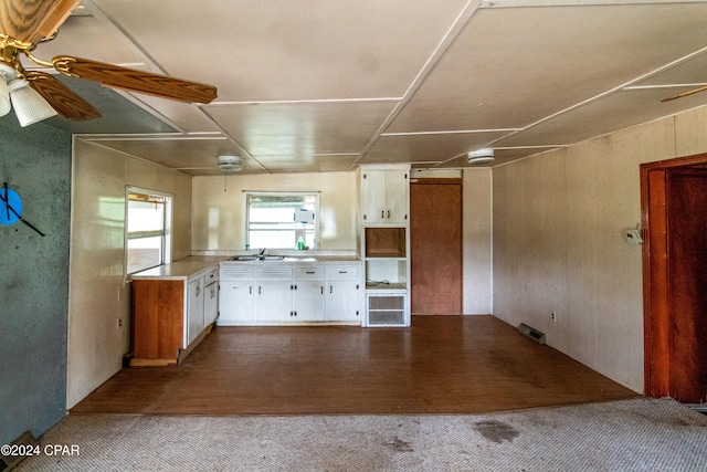 kitchen with white cabinetry, carpet, sink, and ceiling fan