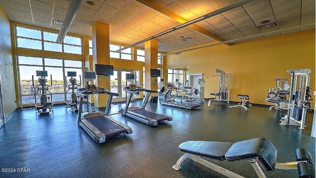 workout area featuring a drop ceiling and a healthy amount of sunlight