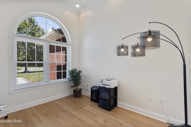 interior space with ornamental molding and light hardwood / wood-style flooring