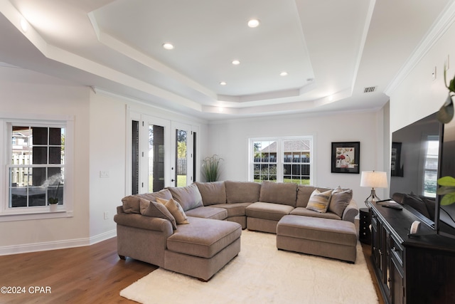 living room with hardwood / wood-style floors, crown molding, and a tray ceiling