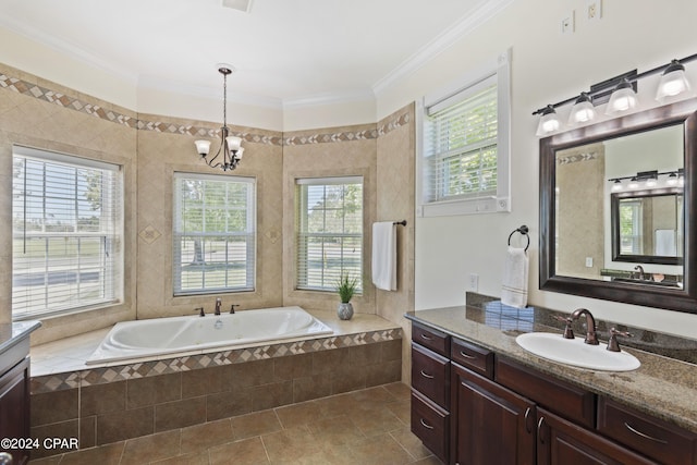 bathroom with vanity, a healthy amount of sunlight, crown molding, and a chandelier