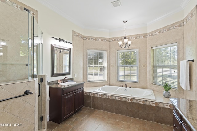 bathroom with vanity, shower with separate bathtub, crown molding, and a chandelier