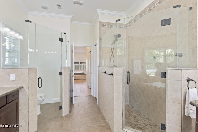 bathroom with vanity, tile patterned floors, toilet, ornamental molding, and walk in shower